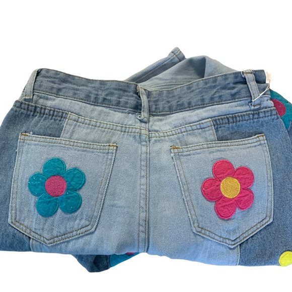Blue Flower Power Hippie Embroidery Patchwork Flare High Waisted Wide Leg Jeans - Picture 7 of 14